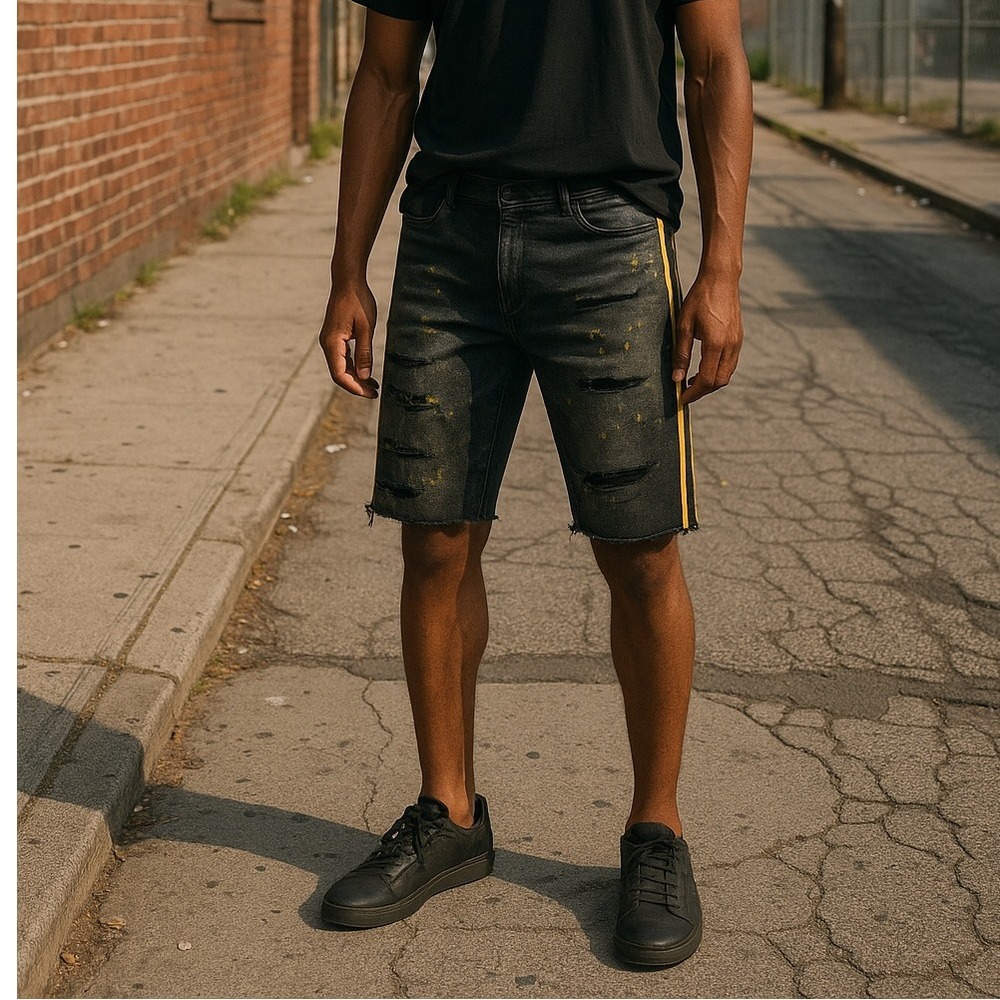 Jordan Craig Legacy Denim Shorts 46 Raw Hem Distress Splatter Stripe‎ Gold Black